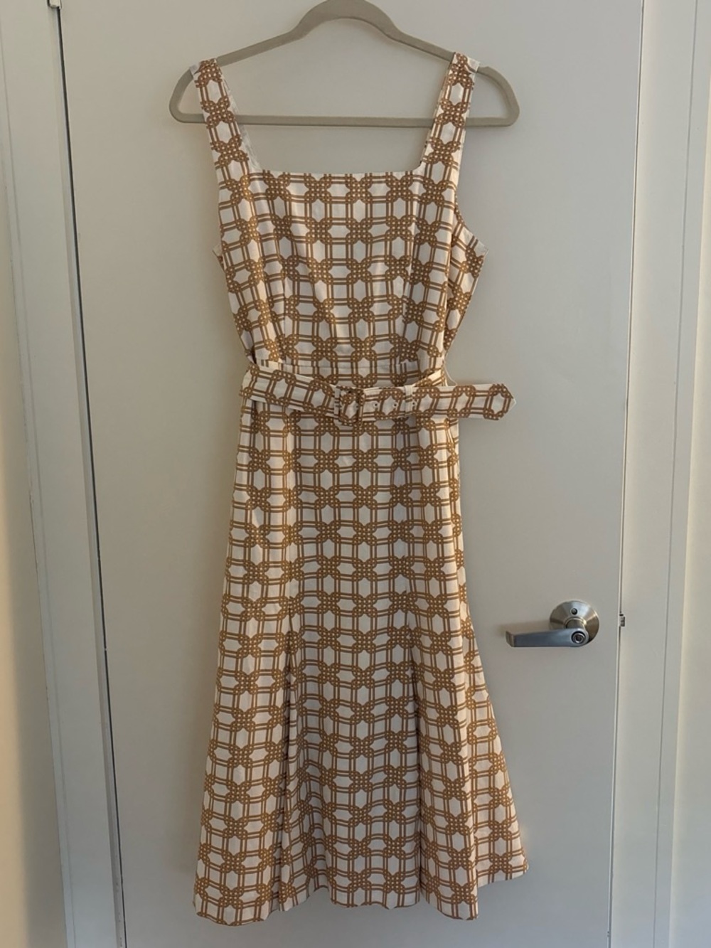 Ann Taylor Cream and Brown Geometric Midi Dress with Self-Tie Belt